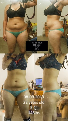 A picture of a 5'4" female showing a weight loss from 165 pounds to 148 pounds. A respectable loss of 17 pounds.
