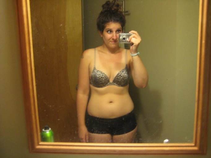 A progress pic of a 5'5" woman showing a weight reduction from 186 pounds to 154 pounds. A respectable loss of 32 pounds.