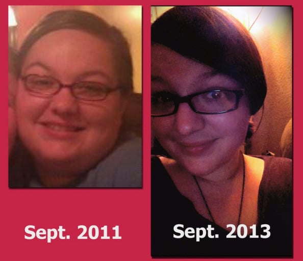 A progress pic of a 5'7" woman showing a weight loss from 312 pounds to 212 pounds. A respectable loss of 100 pounds.