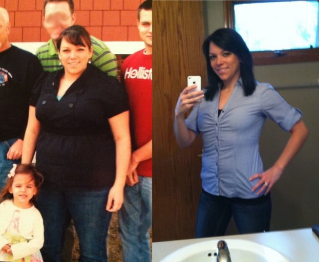 A picture of a 5'6" female showing a weight loss from 235 pounds to 145 pounds. A total loss of 90 pounds.