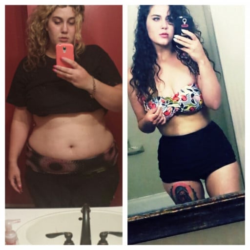 A progress pic of a 5'7" woman showing a fat loss from 252 pounds to 169 pounds. A total loss of 83 pounds.