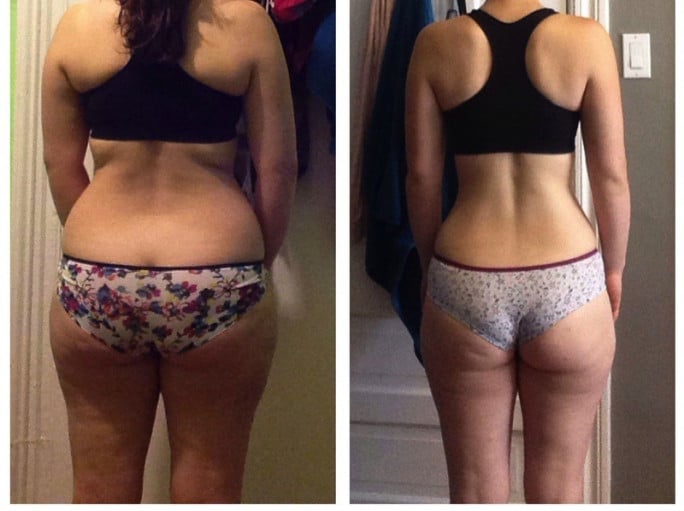 A before and after photo of a 5'7" female showing a weight loss from 180 pounds to 159 pounds. A total loss of 21 pounds.