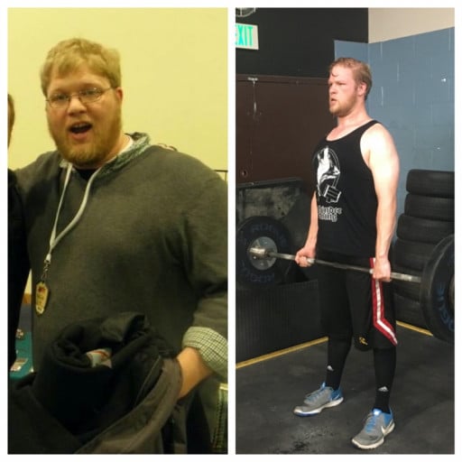 A picture of a 6'0" male showing a fat loss from 275 pounds to 220 pounds. A net loss of 55 pounds.