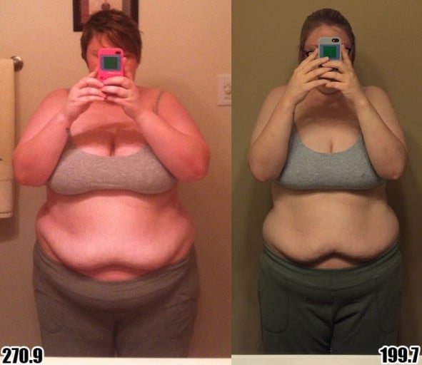 A progress pic of a 5'5" woman showing a fat loss from 270 pounds to 199 pounds. A net loss of 71 pounds.