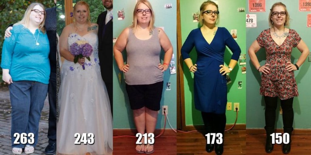 A progress pic of a 5'4" woman showing a weight reduction from 263 pounds to 150 pounds. A total loss of 113 pounds.