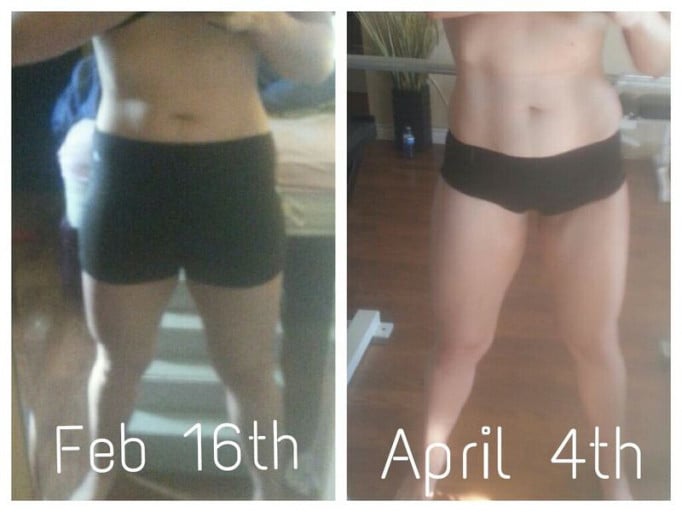 A before and after photo of a 5'8" female showing a weight cut from 164 pounds to 159 pounds. A net loss of 5 pounds.