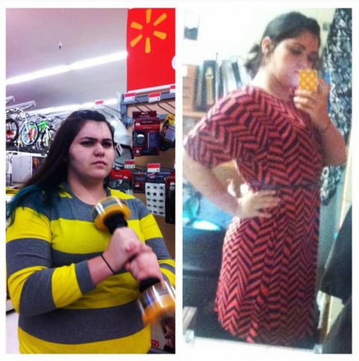 A before and after photo of a 5'11" female showing a weight loss from 250 pounds to 185 pounds. A net loss of 65 pounds.