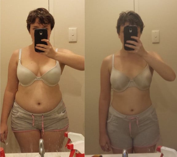 A progress pic of a 5'1" woman showing a weight reduction from 158 pounds to 112 pounds. A total loss of 46 pounds.