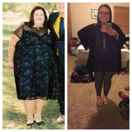 A photo of a 5'4" woman showing a weight cut from 374 pounds to 278 pounds. A net loss of 96 pounds.