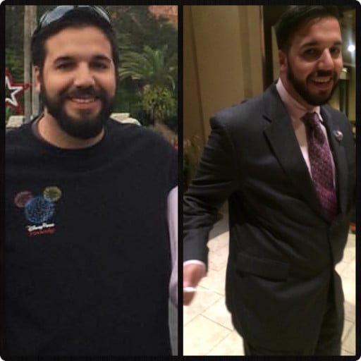 A before and after photo of a 6'1" male showing a weight reduction from 257 pounds to 222 pounds. A total loss of 35 pounds.