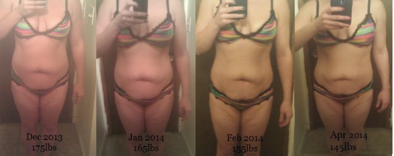 A photo of a 5'4" woman showing a weight loss from 175 pounds to 145 pounds. A net loss of 30 pounds.