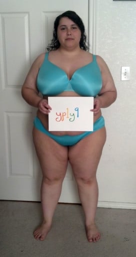 A before and after photo of a 5'2" female showing a snapshot of 263 pounds at a height of 5'2