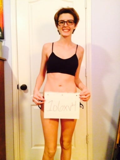 A progress pic of a 5'3" woman showing a snapshot of 103 pounds at a height of 5'3