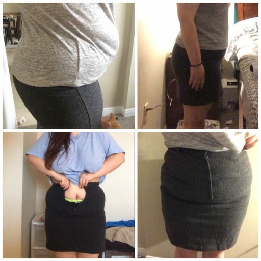 A progress pic of a 5'3" woman showing a fat loss from 207 pounds to 182 pounds. A respectable loss of 25 pounds.