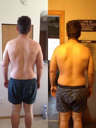 A before and after photo of a 5'10" male showing a snapshot of 219 pounds at a height of 5'10