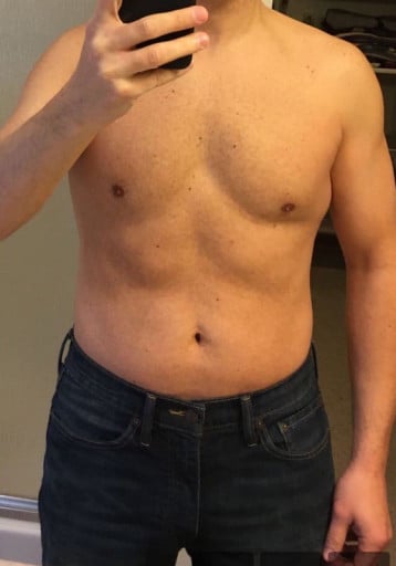 A progress pic of a 5'8" man showing a weight reduction from 175 pounds to 155 pounds. A total loss of 20 pounds.