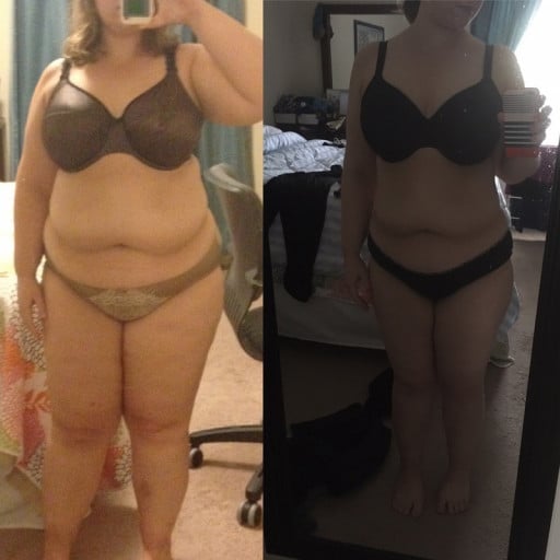 A photo of a 5'2" woman showing a weight cut from 216 pounds to 169 pounds. A net loss of 47 pounds.