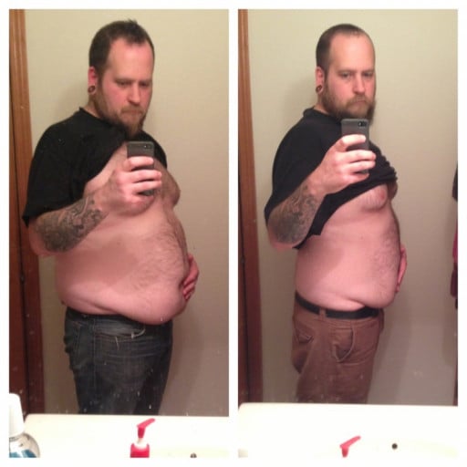 A progress pic of a 5'11" man showing a fat loss from 276 pounds to 245 pounds. A total loss of 31 pounds.