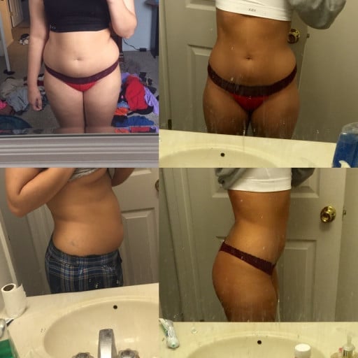 A progress pic of a 5'3" woman showing a fat loss from 160 pounds to 142 pounds. A net loss of 18 pounds.