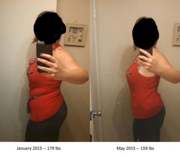 A picture of a 5'6" female showing a fat loss from 179 pounds to 159 pounds. A net loss of 20 pounds.