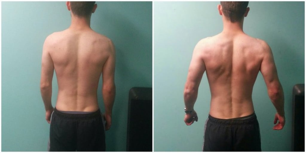 A before and after photo of a 5'9" male showing a weight gain from 140 pounds to 155 pounds. A net gain of 15 pounds.
