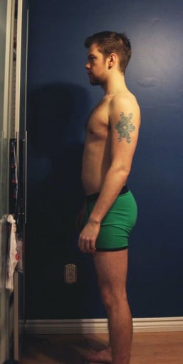 A progress pic of a 5'8" man showing a snapshot of 142 pounds at a height of 5'8