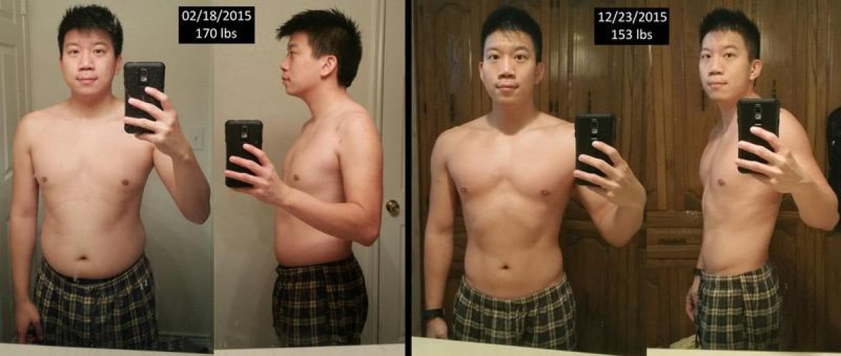 A progress pic of a 5'7" man showing a fat loss from 170 pounds to 153 pounds. A total loss of 17 pounds.