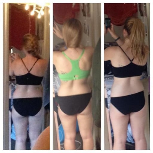 A picture of a 5'5" female showing a fat loss from 157 pounds to 148 pounds. A net loss of 9 pounds.