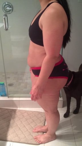 A before and after photo of a 5'4" female showing a snapshot of 180 pounds at a height of 5'4