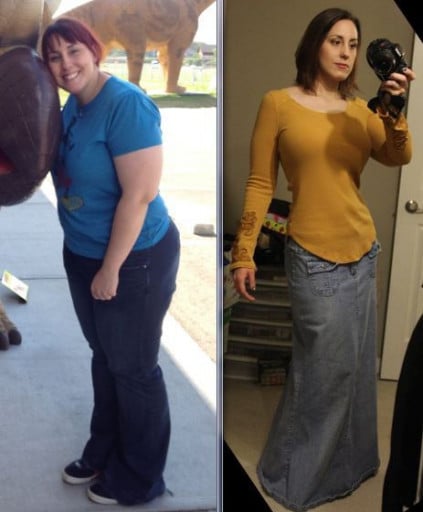 A photo of a 5'8" woman showing a weight cut from 252 pounds to 157 pounds. A total loss of 95 pounds.