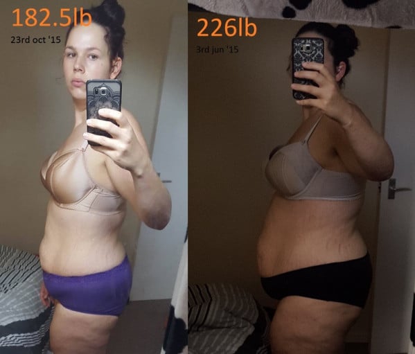 A picture of a 5'8" female showing a weight cut from 272 pounds to 182 pounds. A respectable loss of 90 pounds.