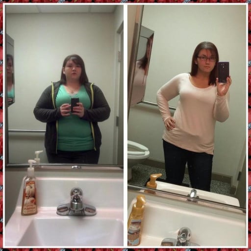 A progress pic of a 5'6" woman showing a weight reduction from 321 pounds to 205 pounds. A net loss of 116 pounds.