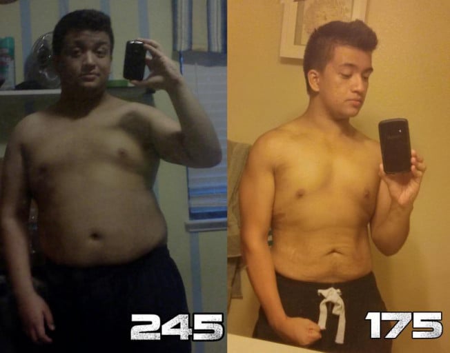 A picture of a 5'7" male showing a weight loss from 245 pounds to 175 pounds. A net loss of 70 pounds.