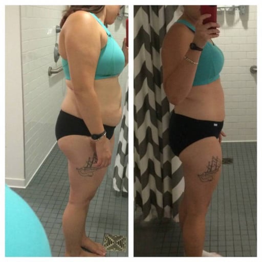 A picture of a 5'2" female showing a fat loss from 166 pounds to 145 pounds. A total loss of 21 pounds.