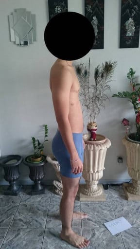 A before and after photo of a 5'8" male showing a snapshot of 140 pounds at a height of 5'8