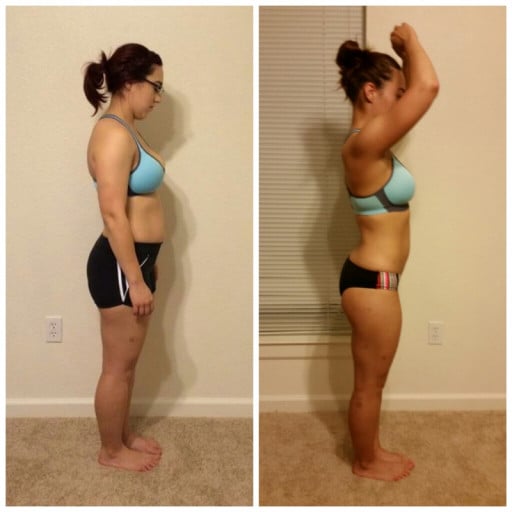 A before and after photo of a 5'1" female showing a weight cut from 140 pounds to 120 pounds. A respectable loss of 20 pounds.