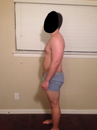 A before and after photo of a 5'10" male showing a snapshot of 217 pounds at a height of 5'10