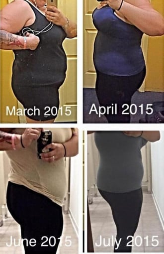 A picture of a 5'4" female showing a weight loss from 267 pounds to 238 pounds. A net loss of 29 pounds.