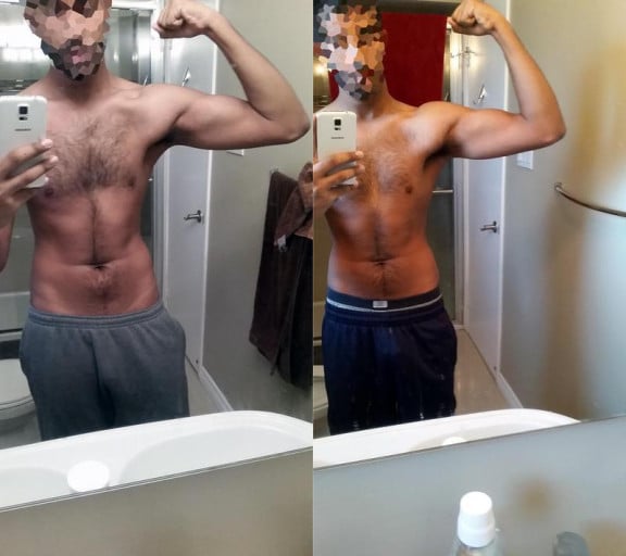 A before and after photo of a 6'0" male showing a weight loss from 210 pounds to 170 pounds. A total loss of 40 pounds.