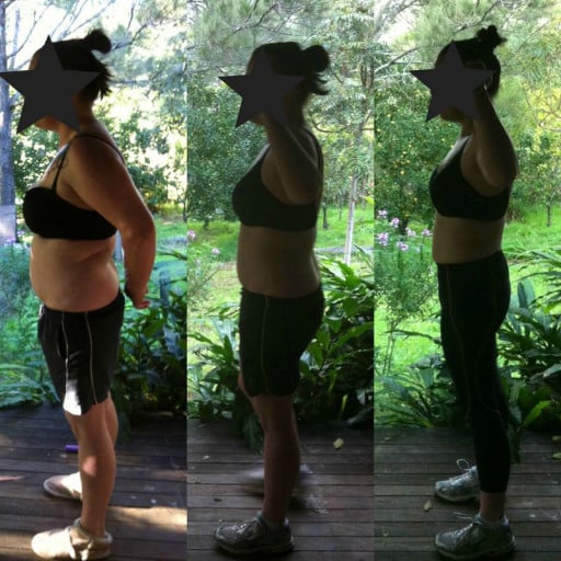 A progress pic of a 5'7" woman showing a fat loss from 198 pounds to 167 pounds. A total loss of 31 pounds.