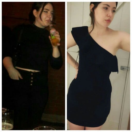 A photo of a 5'7" woman showing a weight cut from 205 pounds to 150 pounds. A net loss of 55 pounds.