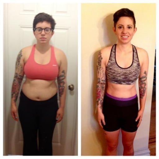 A before and after photo of a 5'3" female showing a weight cut from 161 pounds to 121 pounds. A respectable loss of 40 pounds.