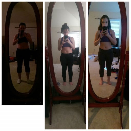 A picture of a 4'11" female showing a weight reduction from 123 pounds to 116 pounds. A net loss of 7 pounds.