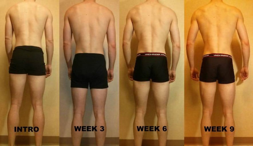 A photo of a 6'1" man showing a fat loss from 176 pounds to 167 pounds. A total loss of 9 pounds.