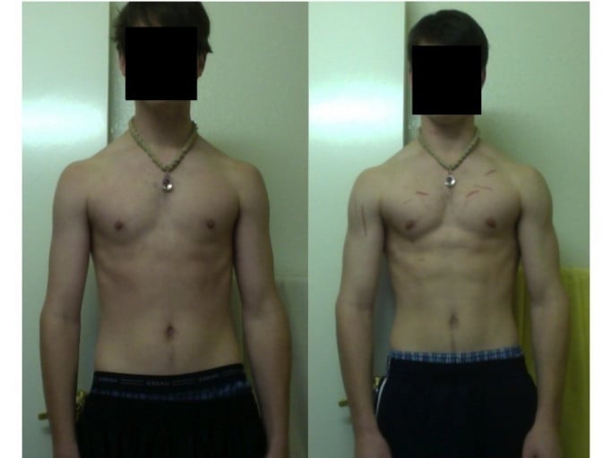 A progress pic of a 5'11" man showing a weight bulk from 132 pounds to 140 pounds. A respectable gain of 8 pounds.