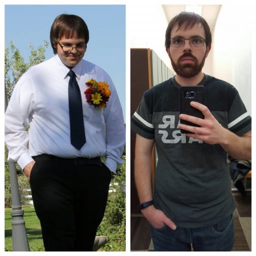 A before and after photo of a 5'7" male showing a weight reduction from 230 pounds to 167 pounds. A net loss of 63 pounds.