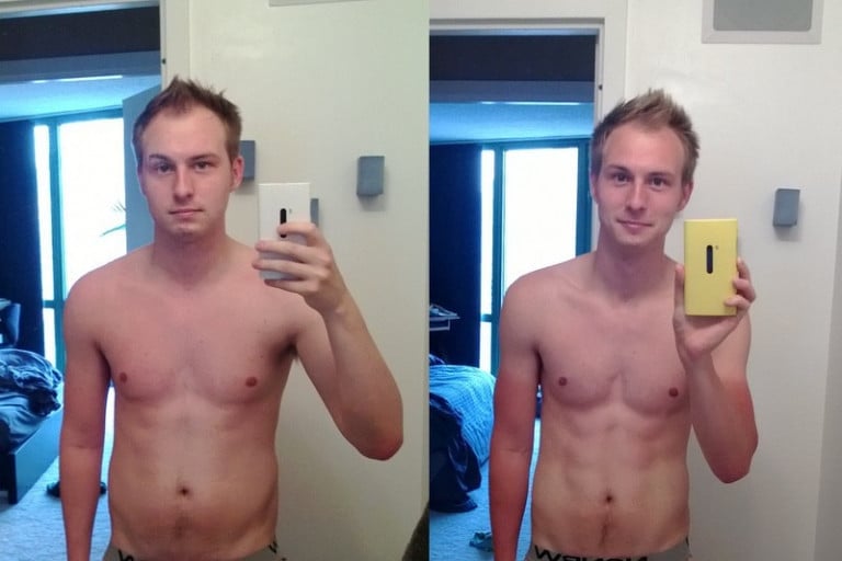 A picture of a 5'10" male showing a weight loss from 151 pounds to 130 pounds. A total loss of 21 pounds.