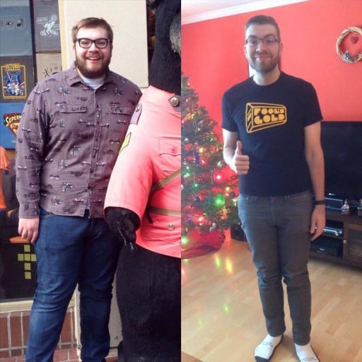 A progress pic of a 6'5" man showing a fat loss from 380 pounds to 220 pounds. A total loss of 160 pounds.