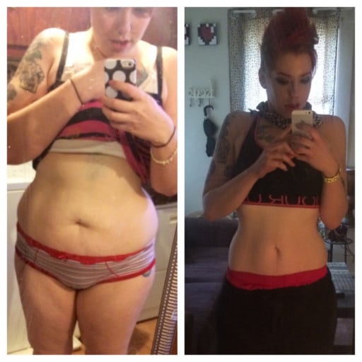 A before and after photo of a 5'7" female showing a weight cut from 200 pounds to 140 pounds. A respectable loss of 60 pounds.