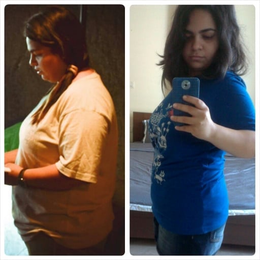 A progress pic of a 5'0" woman showing a fat loss from 180 pounds to 140 pounds. A net loss of 40 pounds.